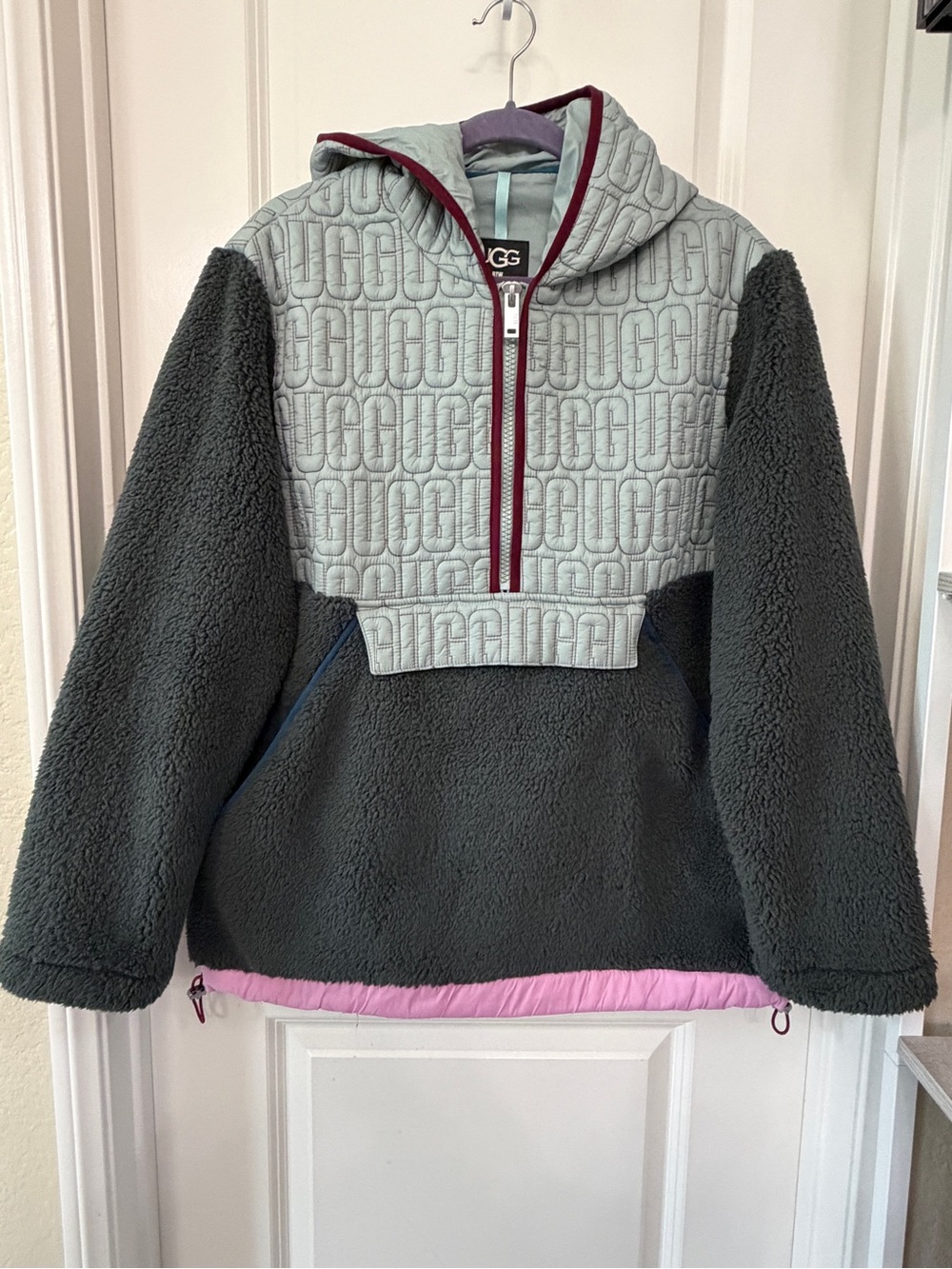 UGG Mint Quilted & Charcoal Sherpa Half-Zip Jacket with Pink Hem